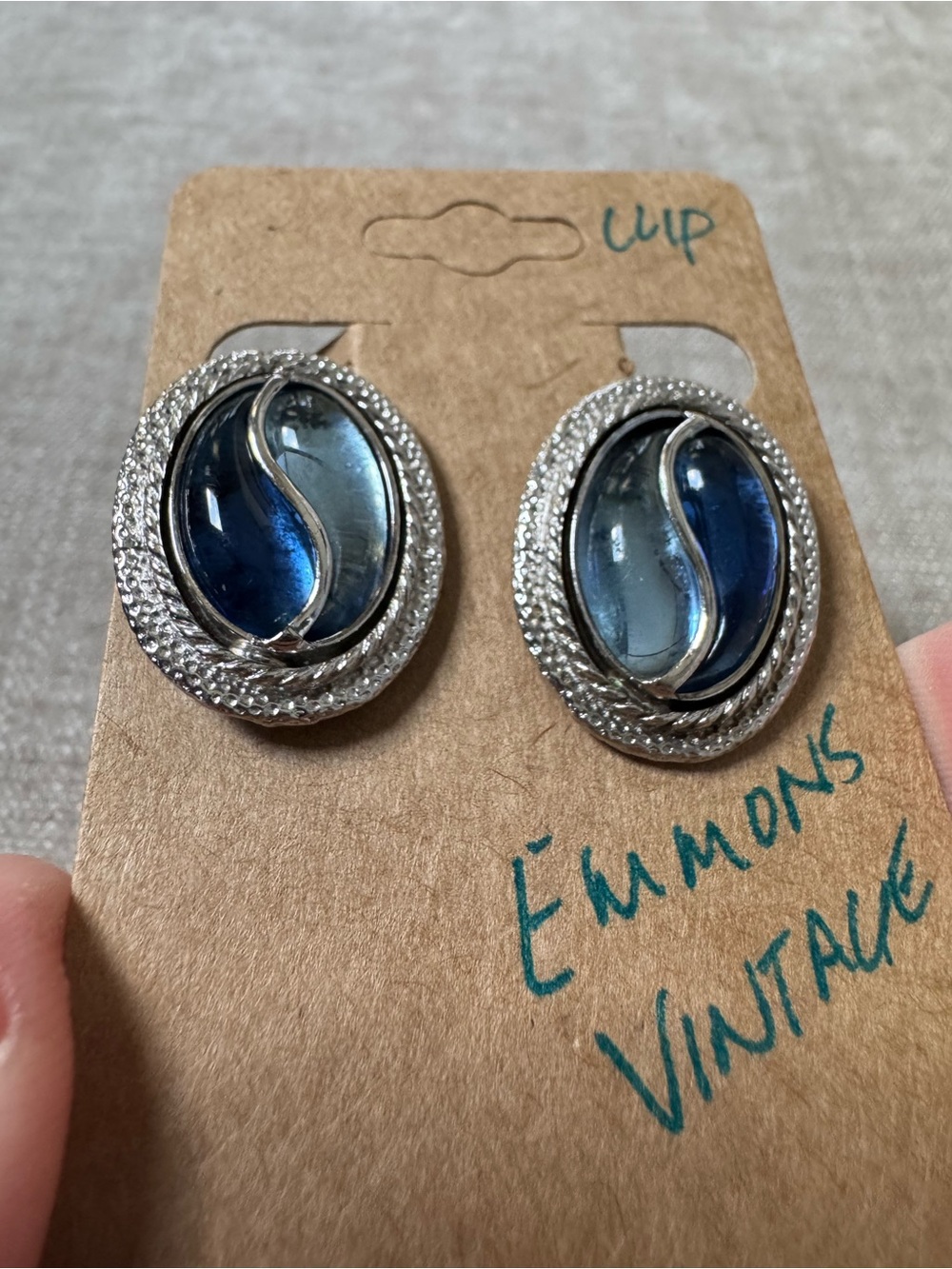 Emmons Vintage Blue Glass Silver Clip Earrings